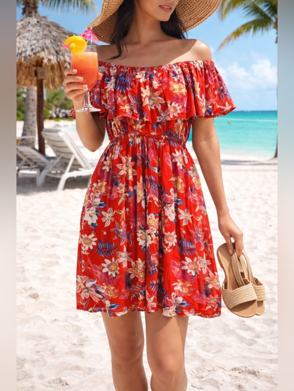 La Vie en Rose Aqua Red Floral Off Shoulder Cover Up Dress XS Swimsuit Coverup